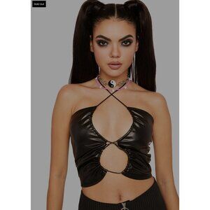 Pretty Garbage Hater Vegan Faux Leather Ruched Crop Top Black Woman's Small NWT!